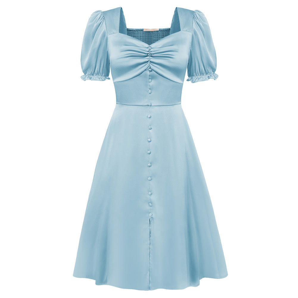 Vintage Solid Color Front Slit Dress Puffed Short Sleeve Sweetheart Neck Dress