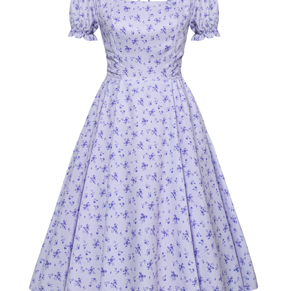 Vintage Cherry Print Cottagecore Cocktail Dresses Square Neck Puff Sleeve Dress with Pockets