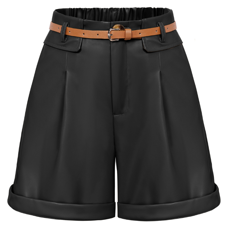 Vintage Polyurethane Leather Shorts with Belt Elastic Waist Shorts