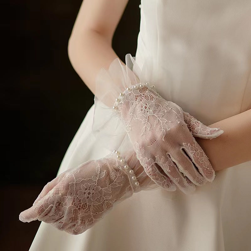 Vintage Lace Tulle Transparent Exquisite Pearl Gloves