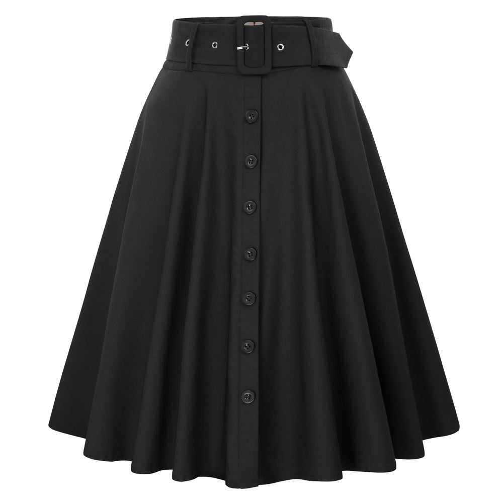 Solid Color Buttons Decorated Flared A-Line Skirt With Belt & Pockets - Belle Poque Offcial