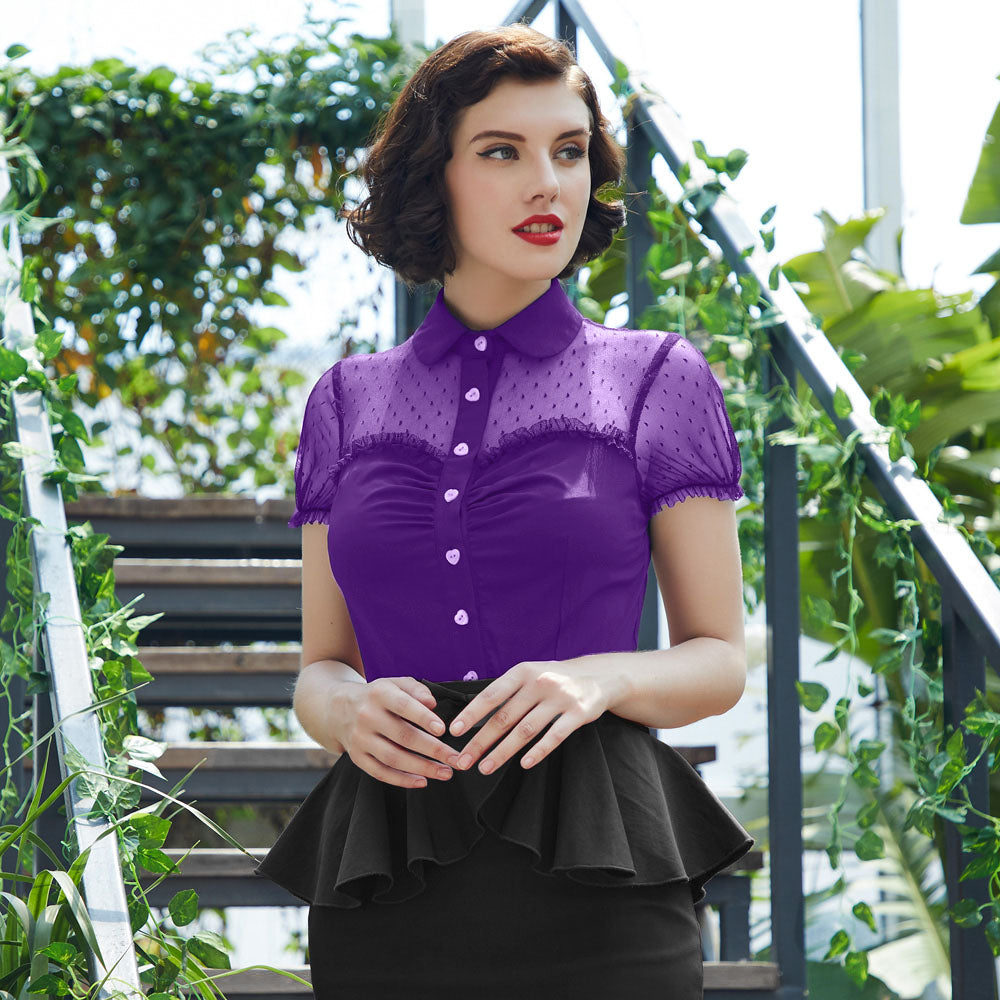 1950s Vintage Short Sleeve Lapel Collar Mesh Fabric Patchwork Shirt - Belle Poque Offcial