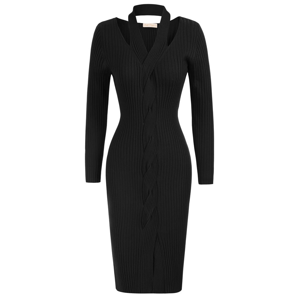 Seckill Offer⌛Halterneck Sweater Dress Long Sleeve Front Slit Knitted Bodycon Dress
