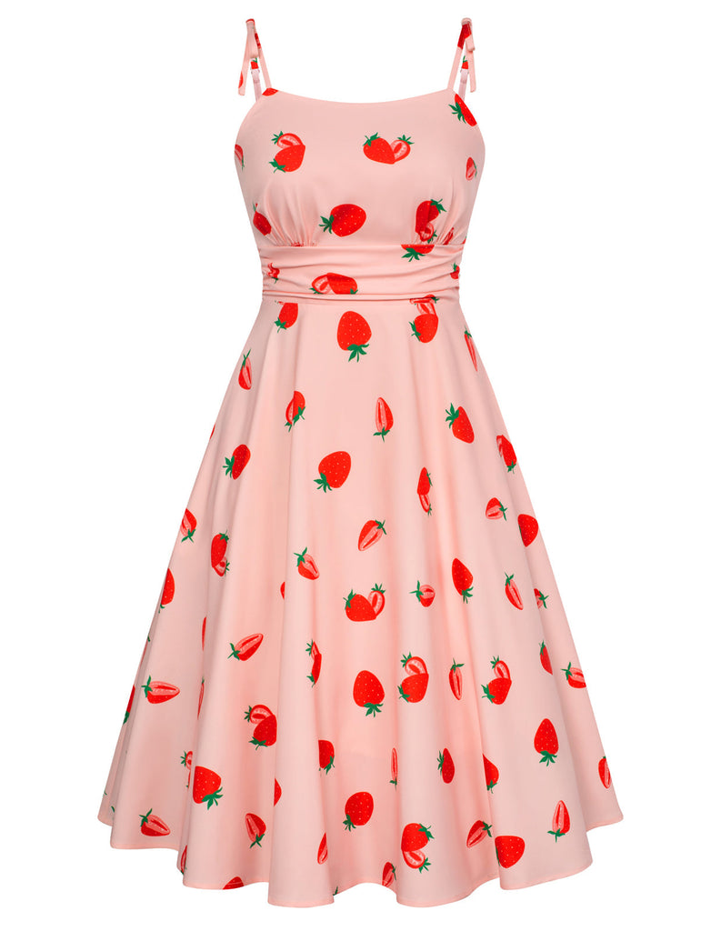 Strawberry Patterns Ruched Bodice Below Knee Dress