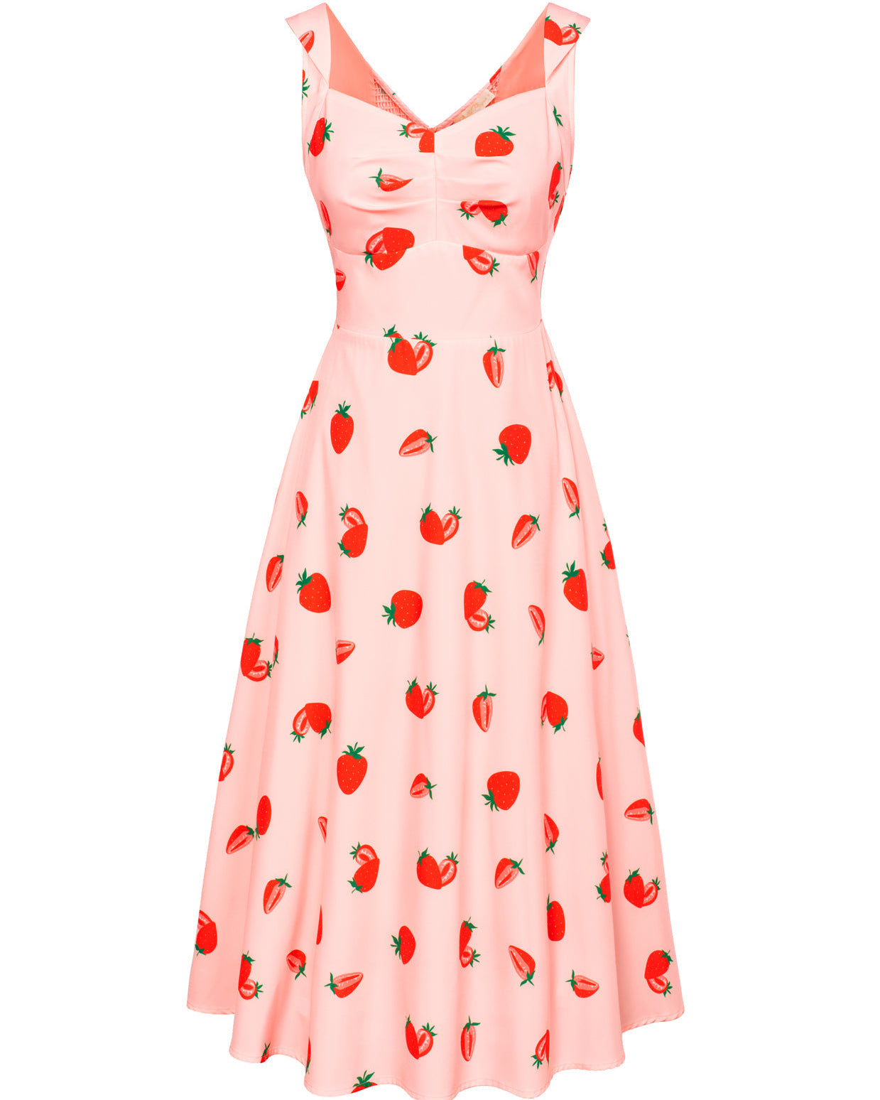Sleeveless Strawberry V-Back Flared A-Line Midi Dress