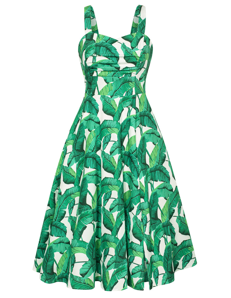 Vintage Leaf Patterns Two-Way Defined Waist Dress