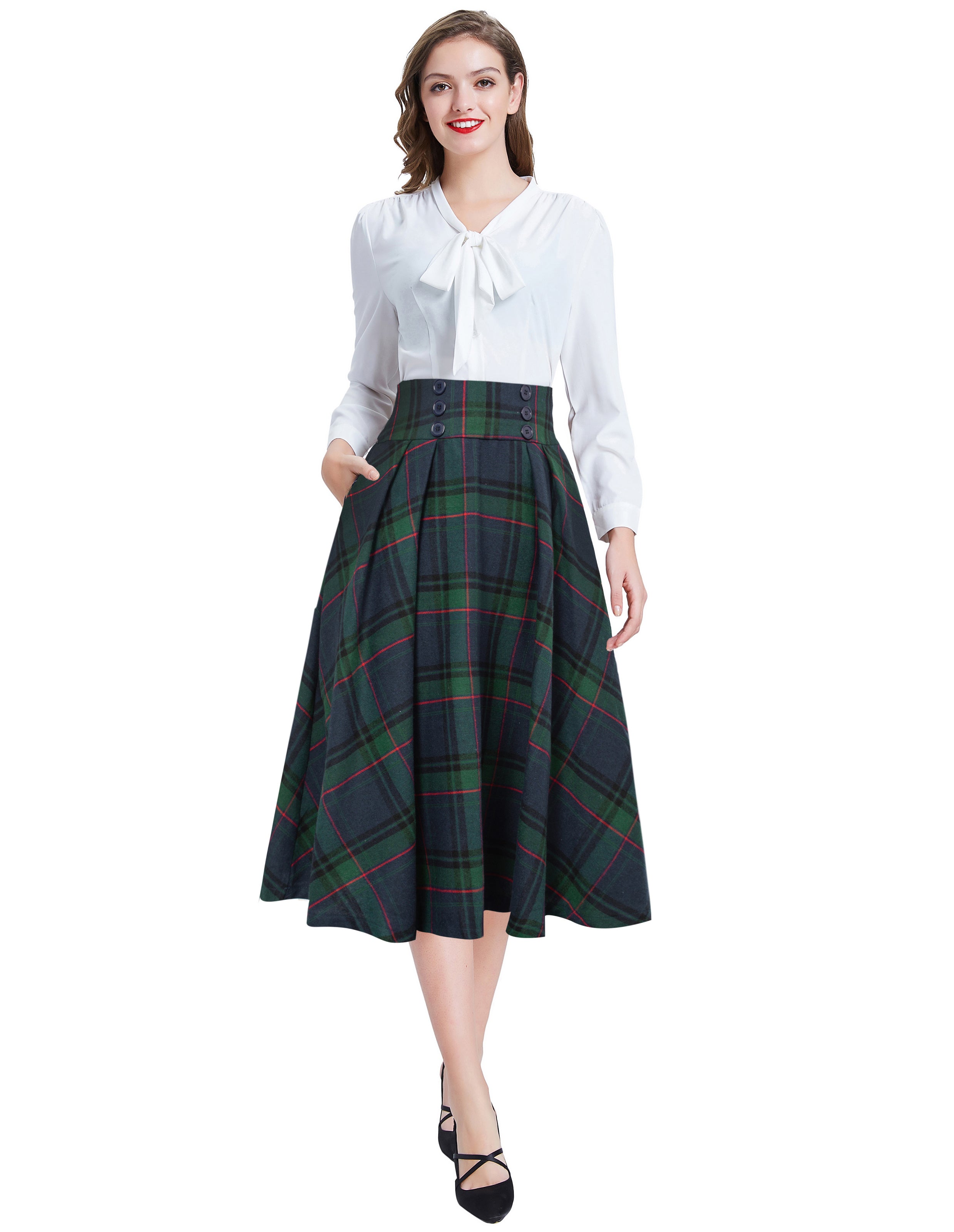 Women Plaid Skirt Vintage High Waist Pleated Skirt with Pockets