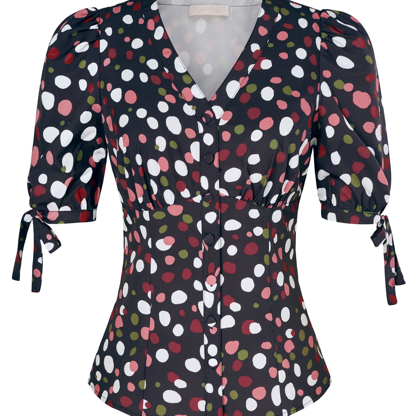 Blusa con solapa de botones con cuello en V y manga corta abullonada con patrón de cerezas (venta final)