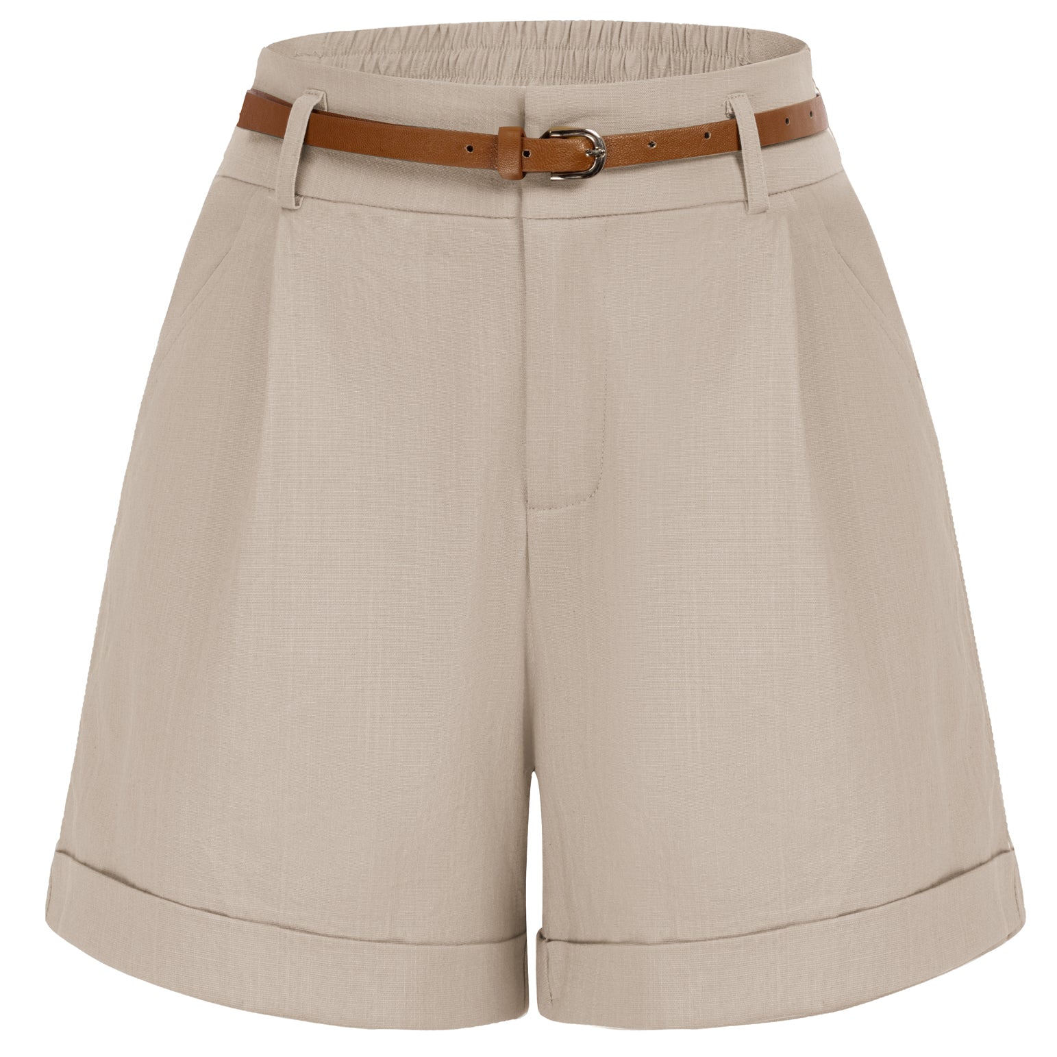 Elastic Waist Fold-up Leg Opening Cotton Shorts with Belt