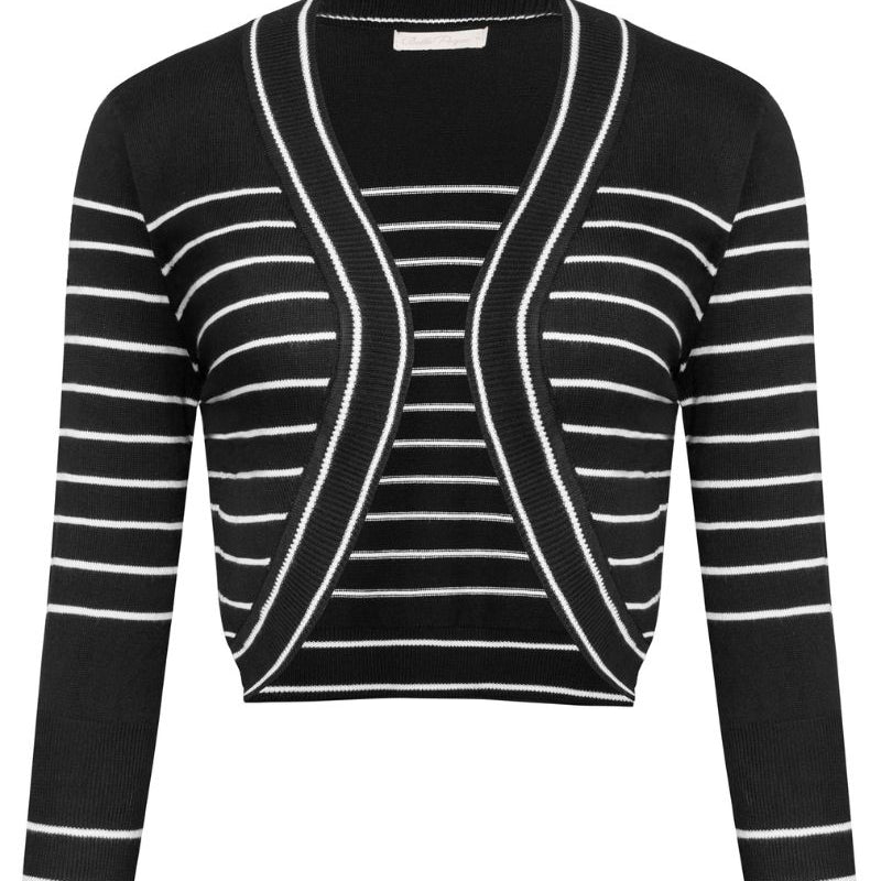 Stripe Printed 3/4 Sleeve Bolero Shrug Open Front Knit Cropped Cardigan Sweater