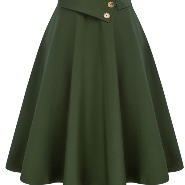 Vintage A-Line Skirt High Waisted Midi Skirt with Pockets & Buttons