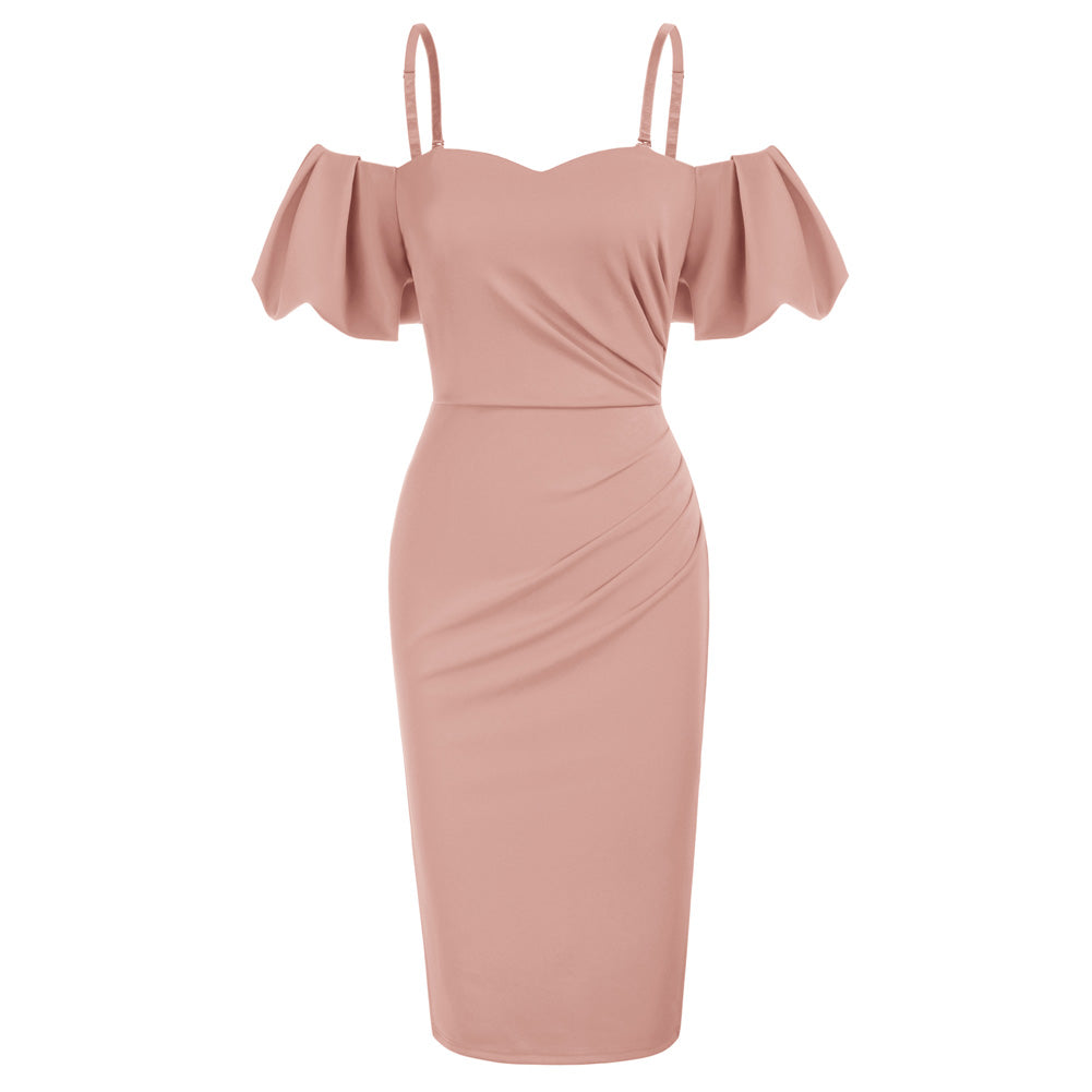 Two-Way Ruched Dress Spaghetti Straps Off-Shoulder Bodycon Slip Dress-Virtual Available Inventory