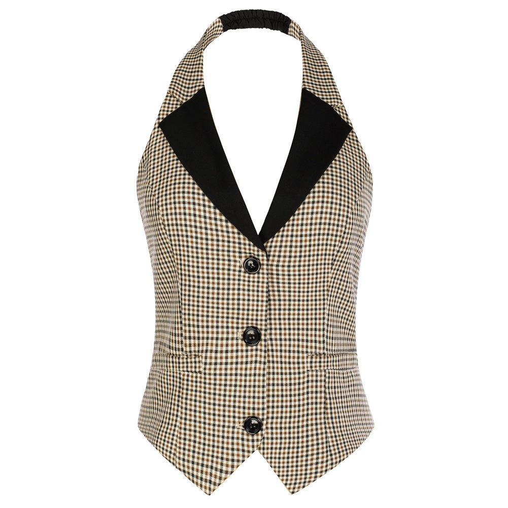 Stripe Printed Waistcoat Vest Vintage Halter Lapel Button Down Suit Vest with Pockets