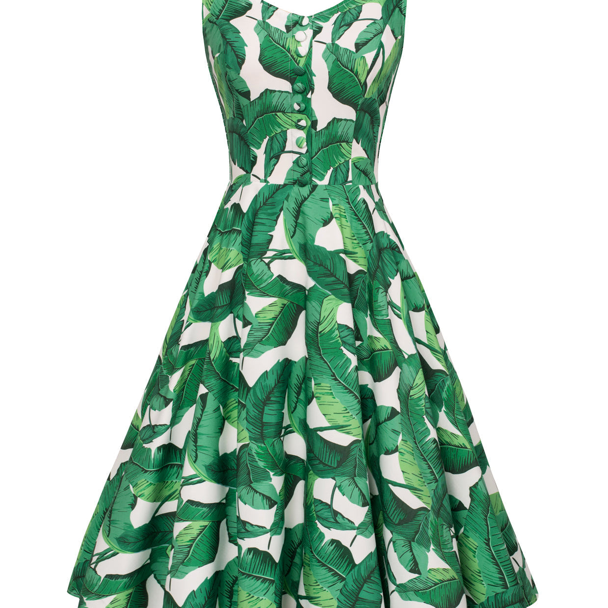 1950s Vintage Leaf Patterns Sleeveless Cocktail Party A-Line Dress