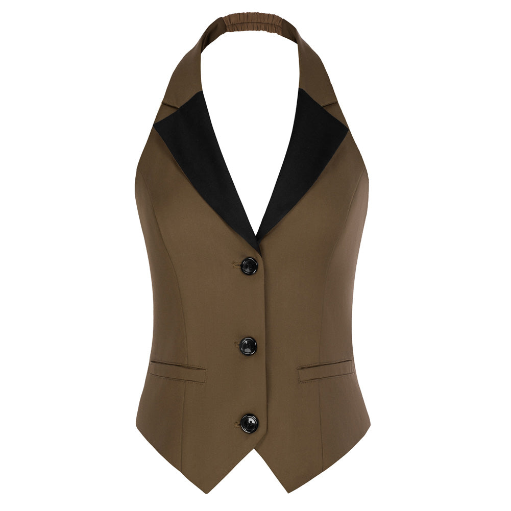 Plaid Style Waistcoat Vest Vintage Halter Lapel Button Down Suit Vest with Pockets