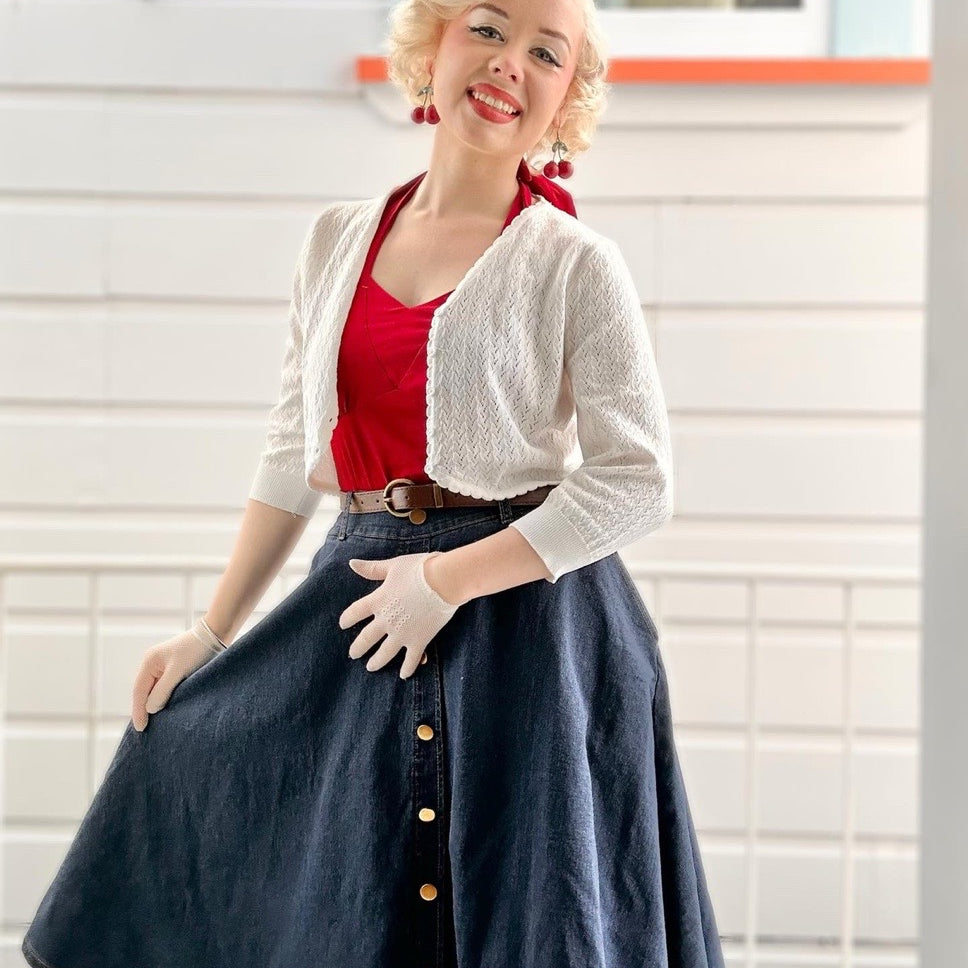 Vintage Fans Look of Jean Skirt with Belt Elastic High Waist A-Line Midi Skirt