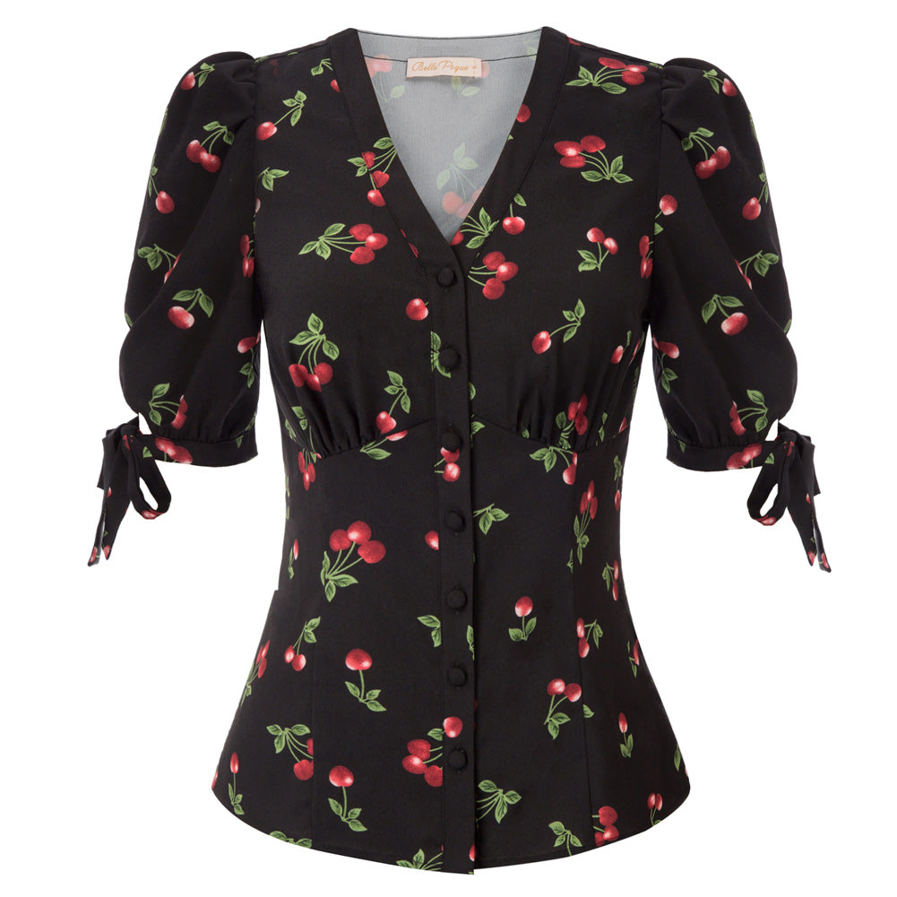 Cherries Pattern Short Puff Sleeves V-Neck Button Placket Blouse - Belle Poque Offcial