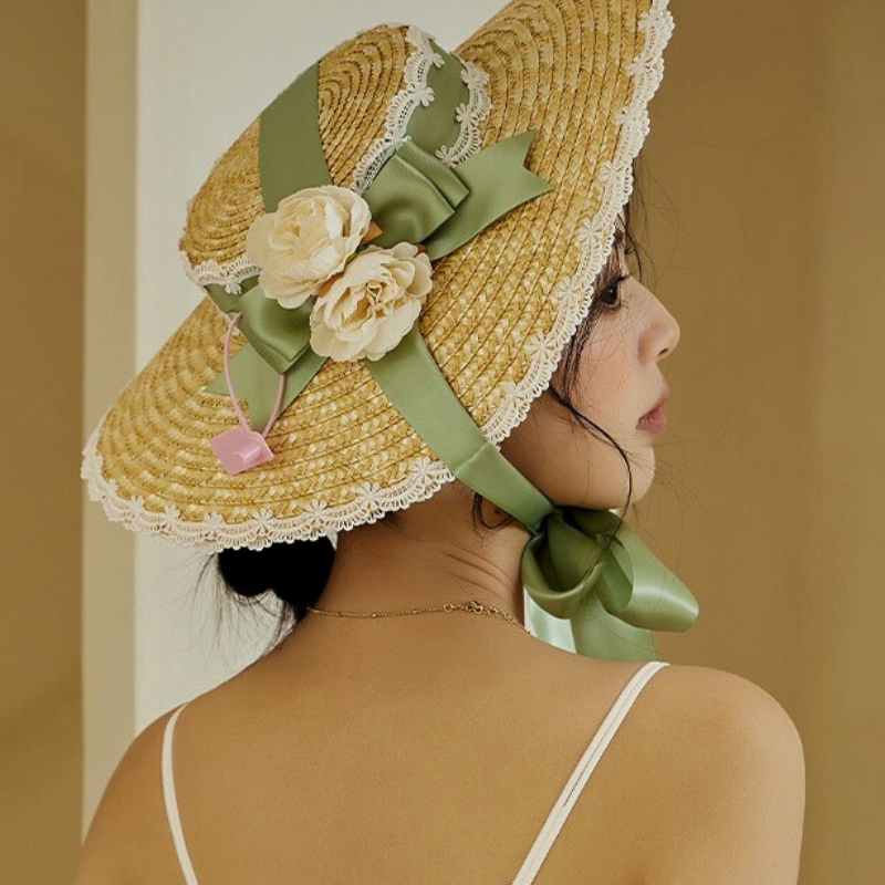 Retro Elegant Floral Flat Hat Tea Party Straw Hat Flat Top Sun Hat Pastoral Style