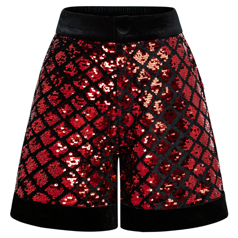 Vintage Sequined Shorts Contrast Fabric Elastic Waist Shorts