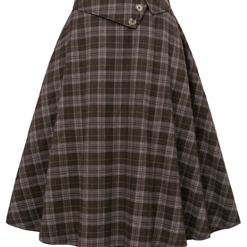Vintage Plaid Style A-Line Skirt High Waisted Midi Skirt with Pockets & Buttons