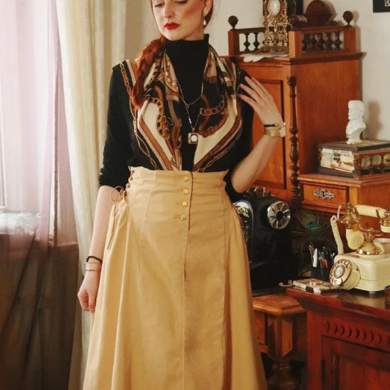 Vintage Fans Look of Jean Skirt High Waist Button Fly Flared A-Line Midi Skirt