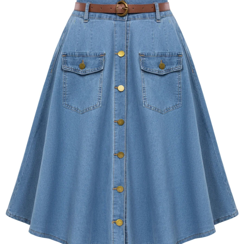 Button-up Skirt with Belt High Waist Flared A-Line Jean Skirt