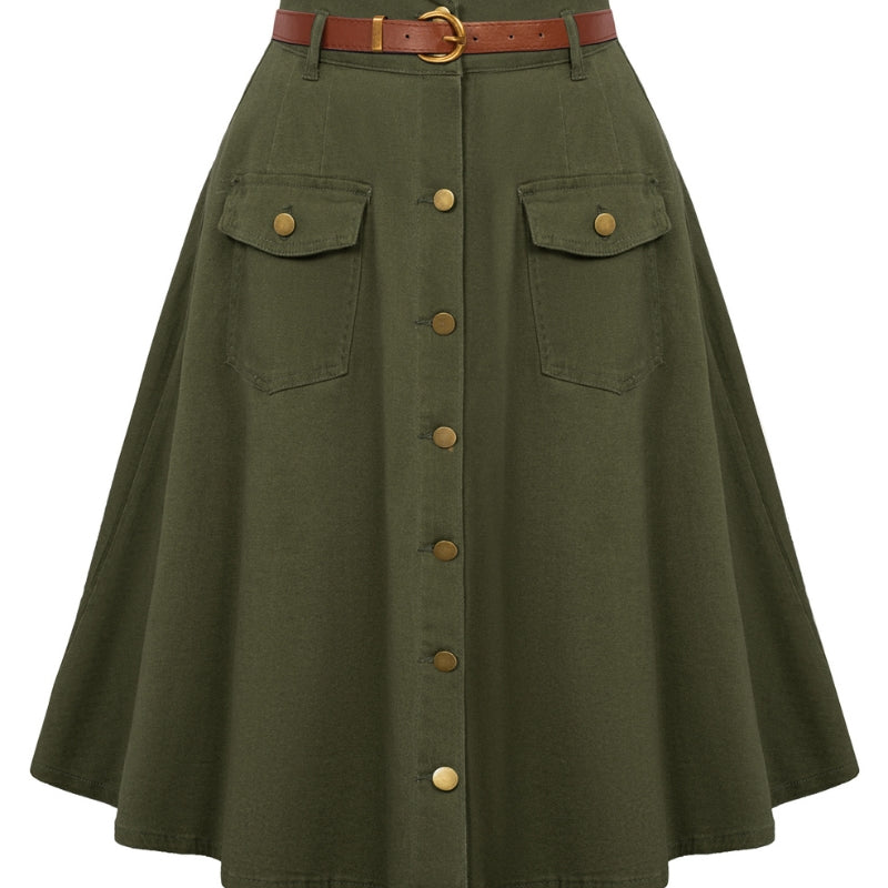 Button-up Skirt with Belt High Waist Flared A-Line Jean Skirt