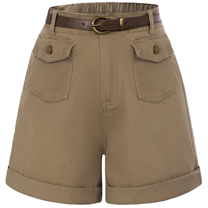 Bermuda Shorts Elastic Waist Wide Leg Shorts with Pockets & Belts