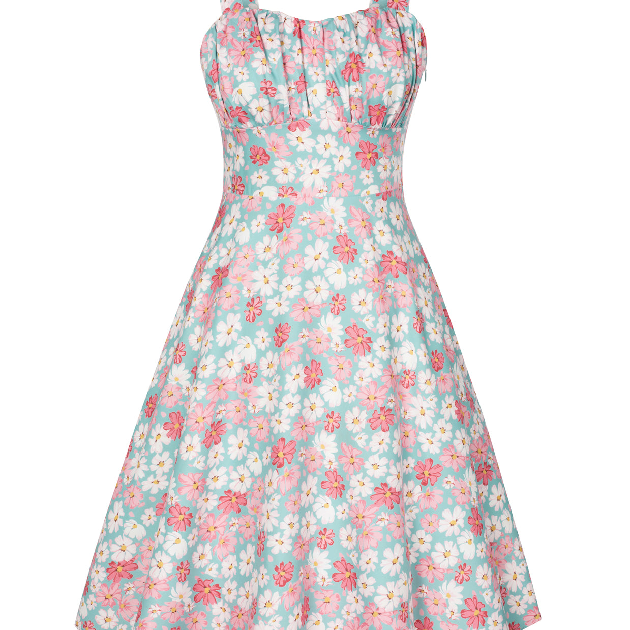 Vintage Floral Printed Defined Waist Dress Ruched Bodice Flared A-Line Dress