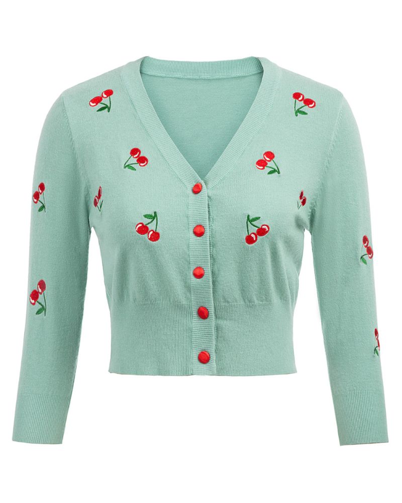 Bellepoque Cherries Embroidery Cropped Cardigan Sweater Coat