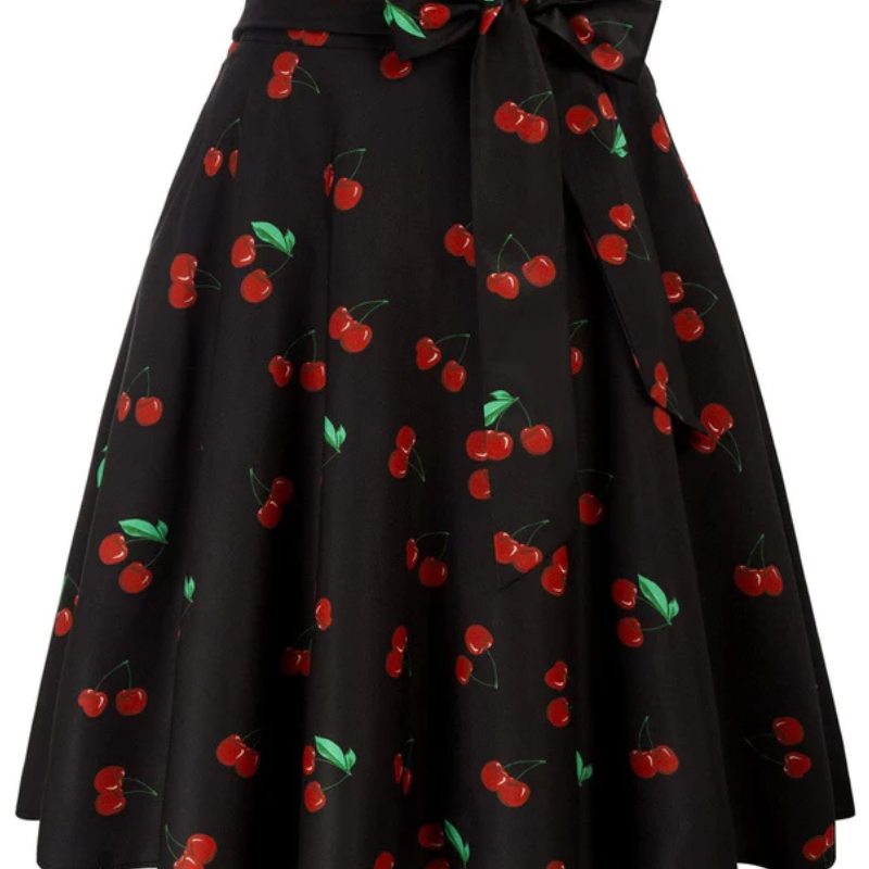 Vintage Cherry Patterns High Waist A-Line Pockets Skirt Skater Flared Midi Skirts
