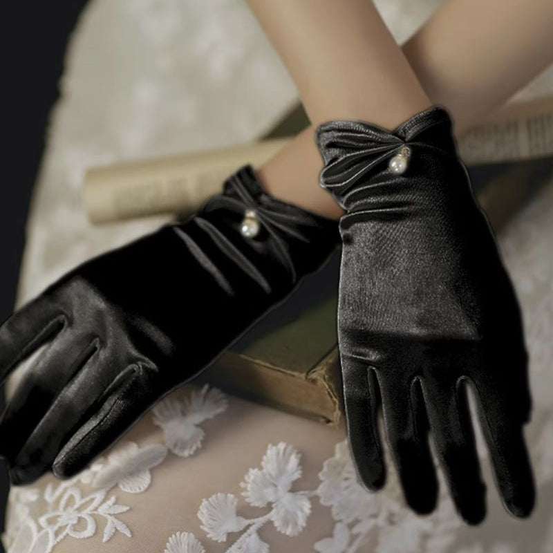 Women's Satin Stretch Gloves With Pearl For Evening Party Prom