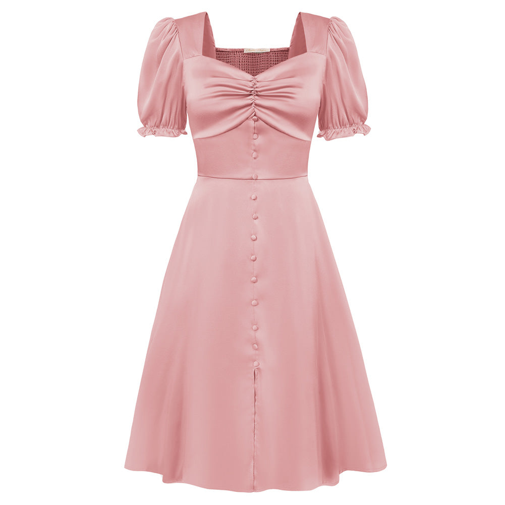 Vintage Solid Color Front Slit Dress Puffed Short Sleeve Sweetheart Neck Dress