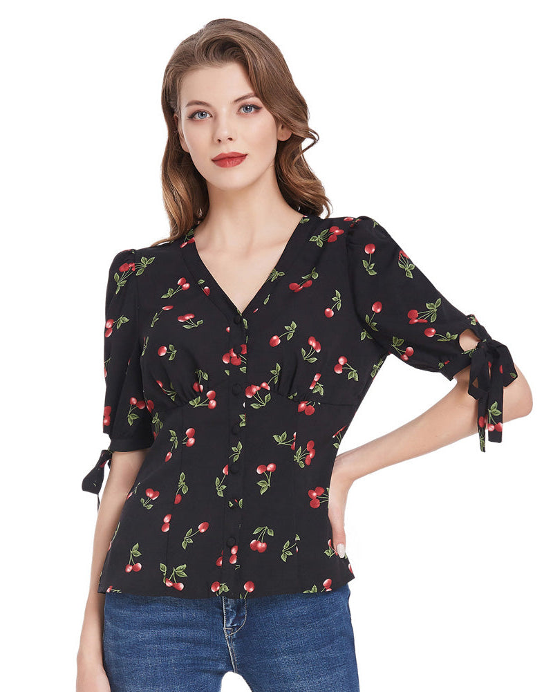 Cherries Pattern Short Puff Sleeves V-Neck Button Placket Blouse - Belle Poque Offcial