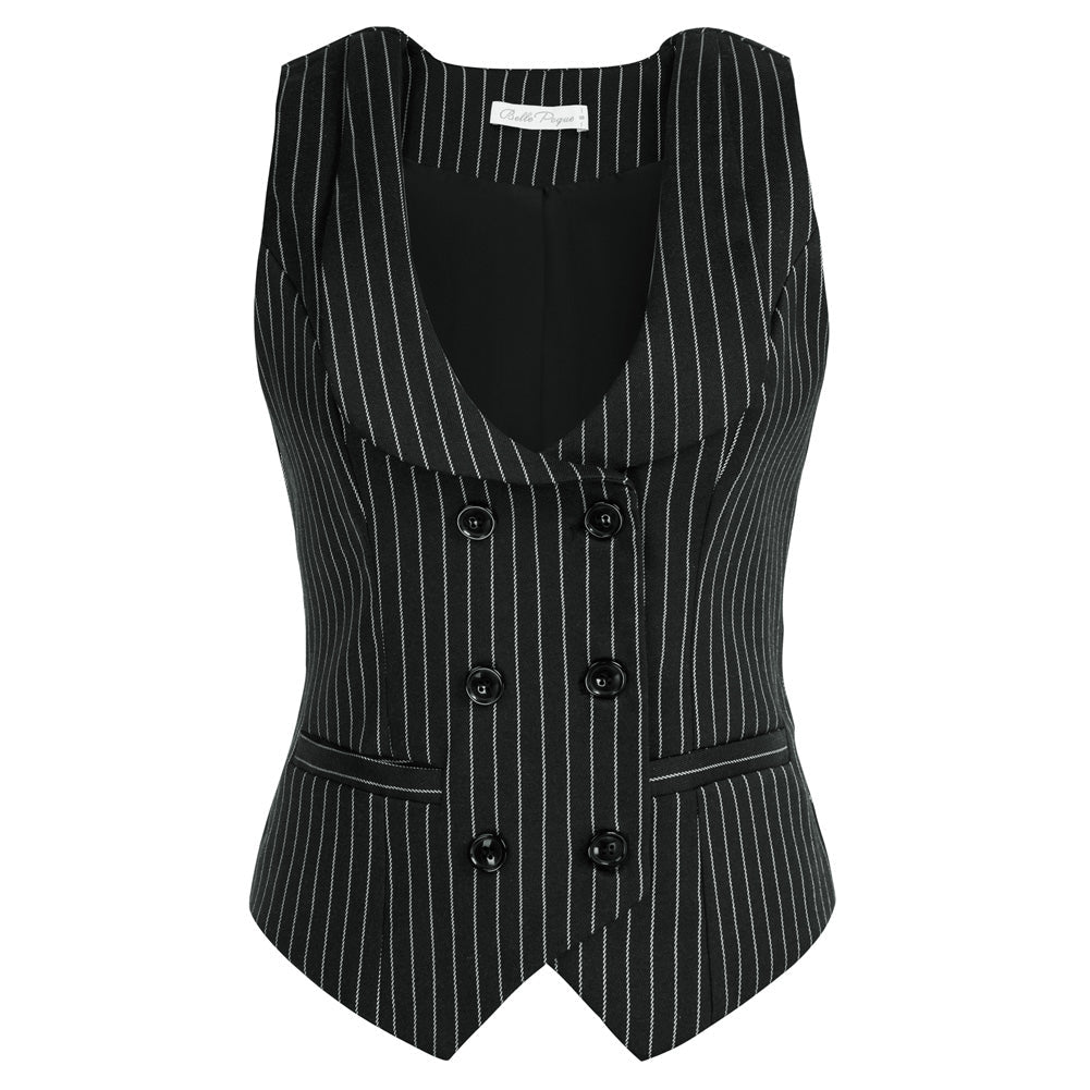 Vintage Stripe Printed Double Breasted Vest Deep V-Neck Handkerchief Hem Vest Coat