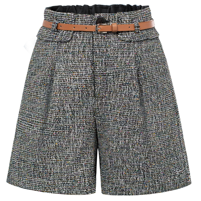 Vintage Tweed Shorts with Belt Elastic Waist Fold-up Leg Opening Shorts