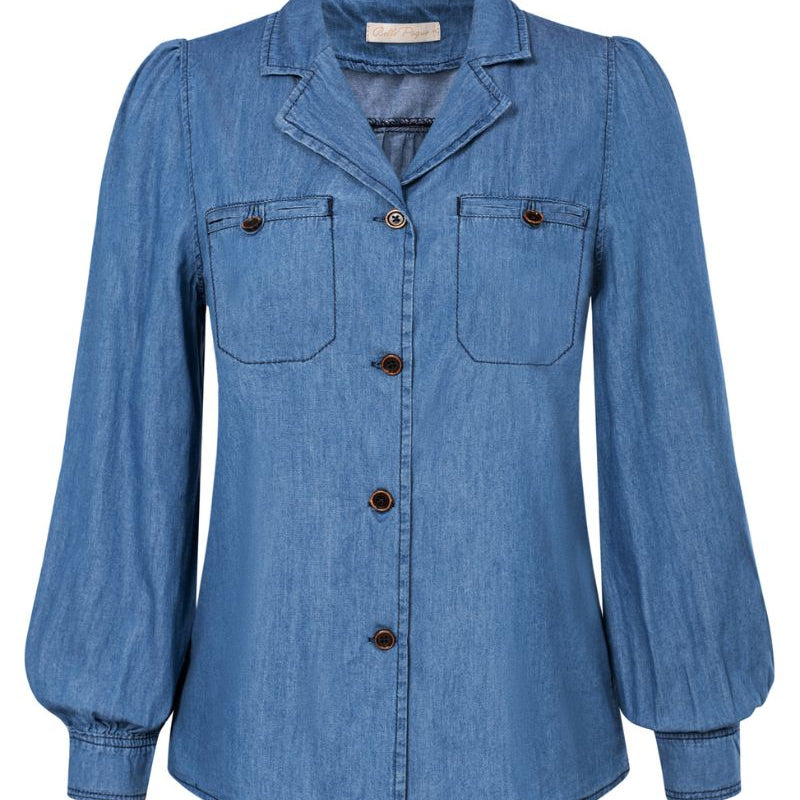 Seckill Offer⌛Vintage Jean Shirt Long Sleeve Lapel Collar V-Neck Button-up Tops