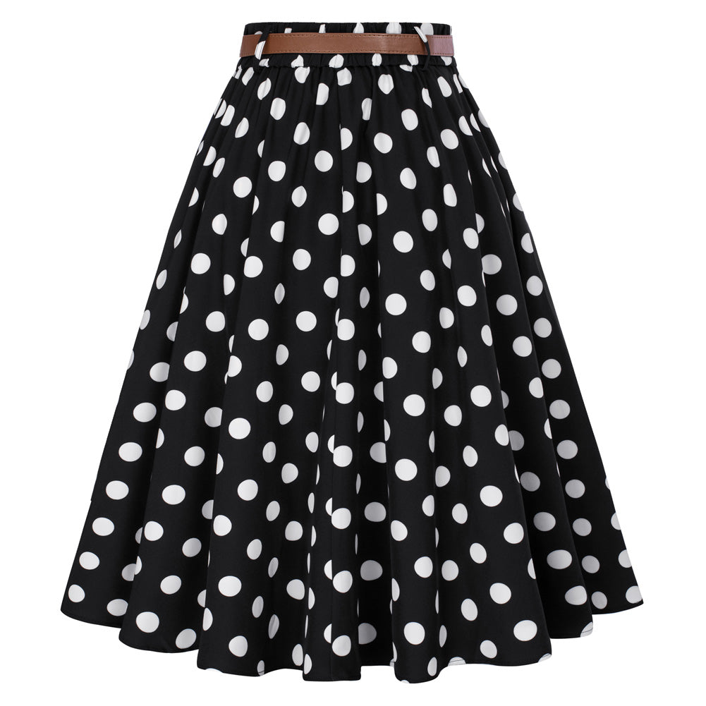 Swing Skirt with Belt Elastic High Waist Buttons Decorated Skirt ...