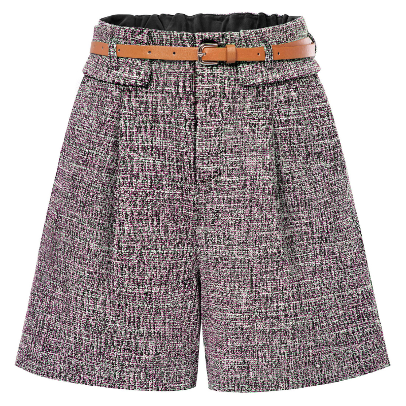 Vintage Tweed Shorts with Belt Elastic Waist Fold-up Leg Opening Shorts