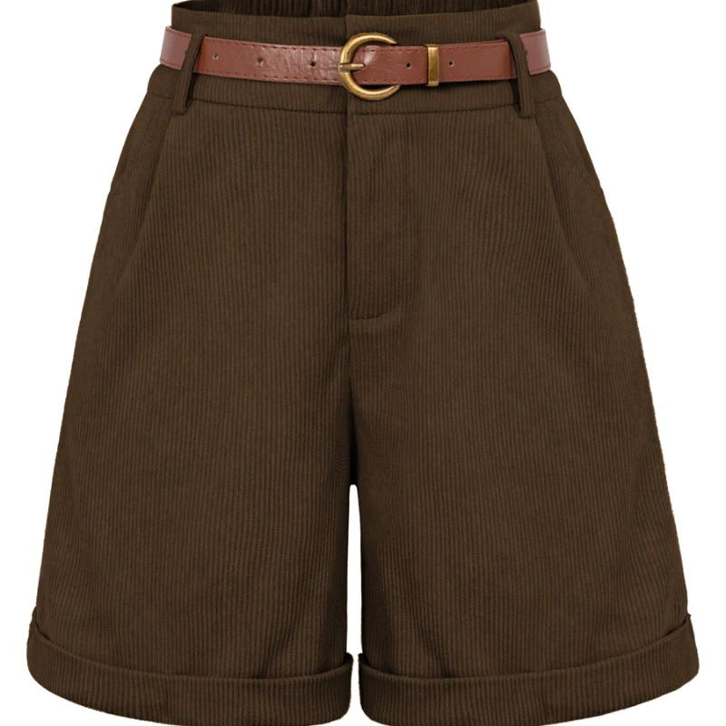 Corduroy Shorts with Belt Elastic High Waist Short Pants