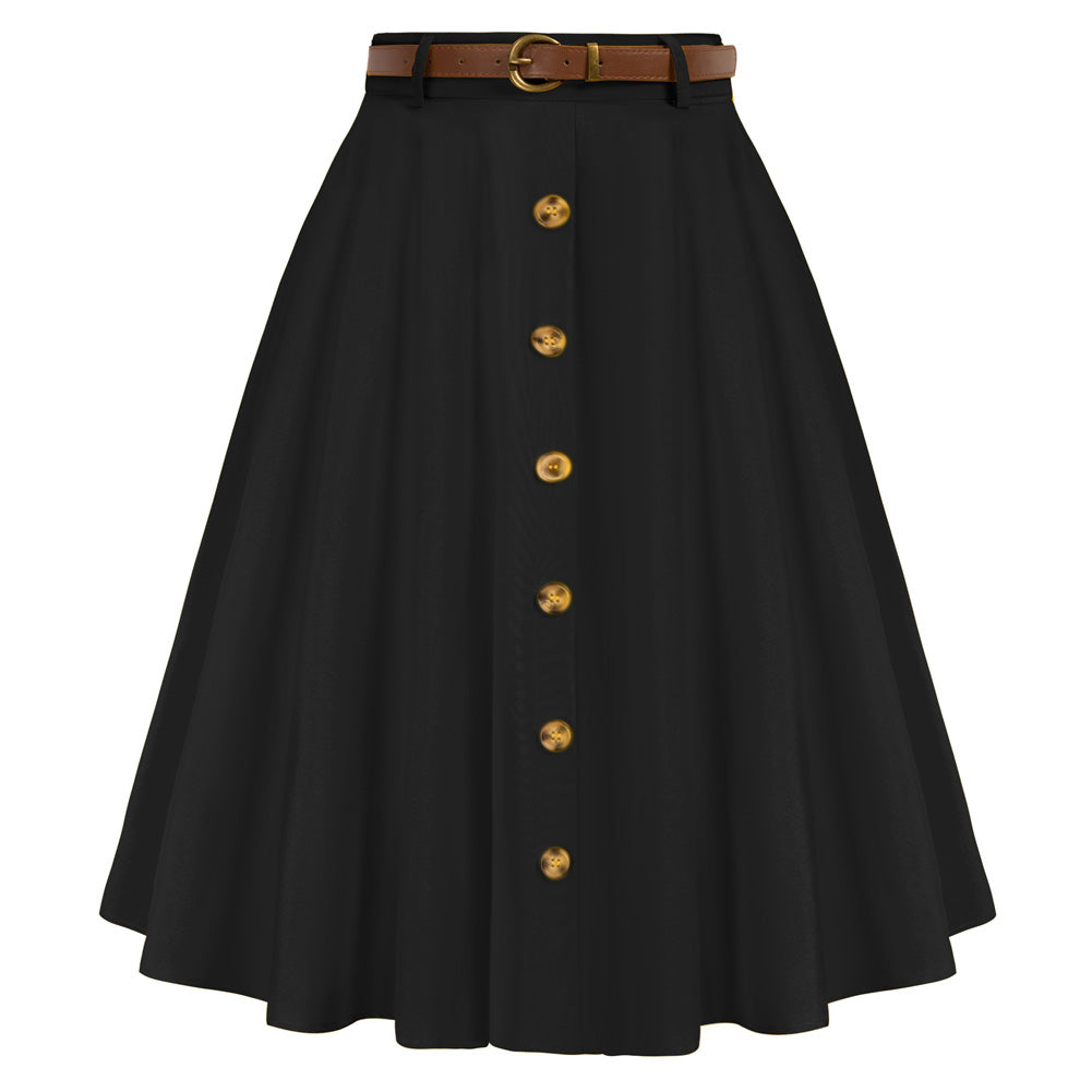 Swing Skirt with Belt Elastic High Waist Buttons Decorated Skirt