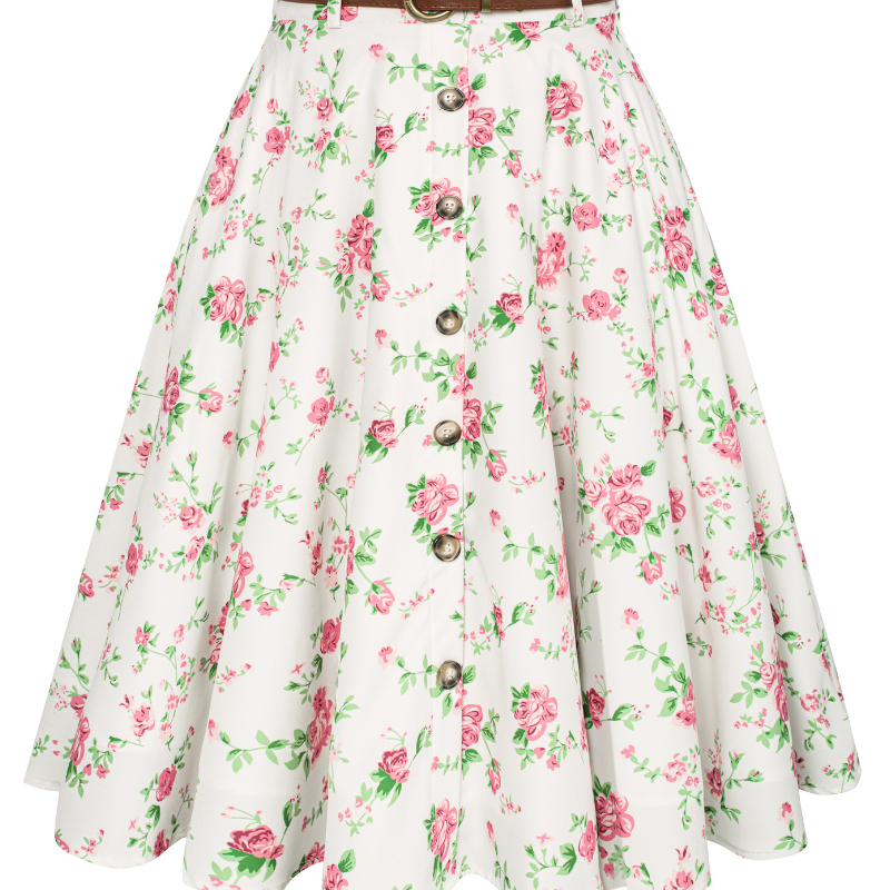 Swing Skirt Floral Patterns with Belt Elastic High Waist Buttons Decorated Skirt