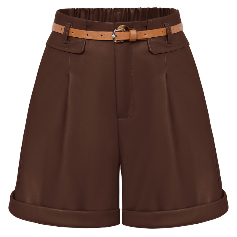 Vintage Polyurethane Leather Shorts with Belt Elastic Waist Shorts