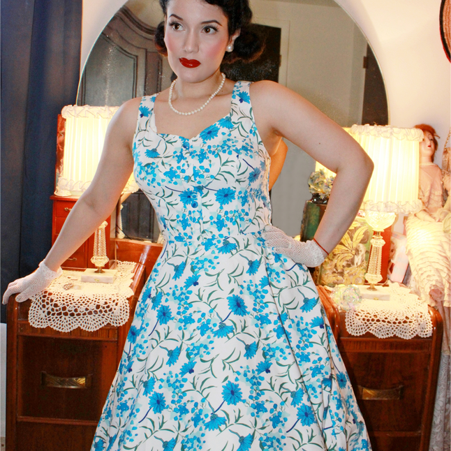 Fans Look of 1950s Vintage Sleeveless Floral Pattern A-Line Dress