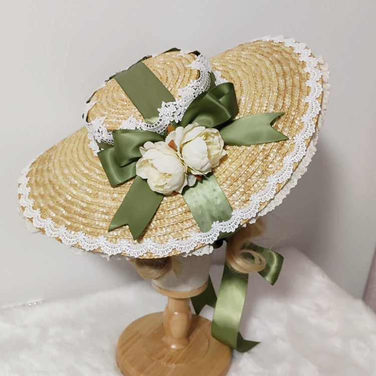 Retro Elegant Floral Hat Tea Party Straw Hat Flat Top Sun Hat Pastoral Style
