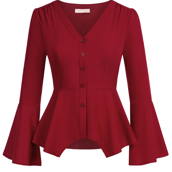 Seckill Offer⌛Vintage Peplum Button Down Blouse Long Bell Sleeve V Neck Shirts Dressy Formal Tops