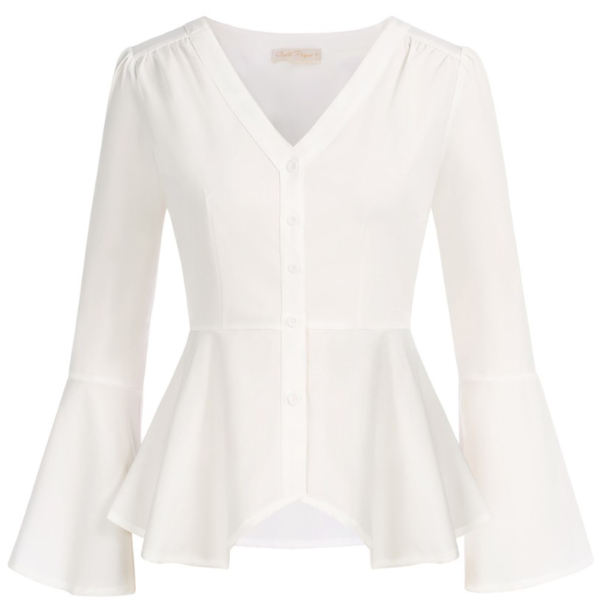 Seckill Offer⌛Vintage Peplum Button Down Blouse Long Bell Sleeve V Neck Shirts Dressy Formal Tops