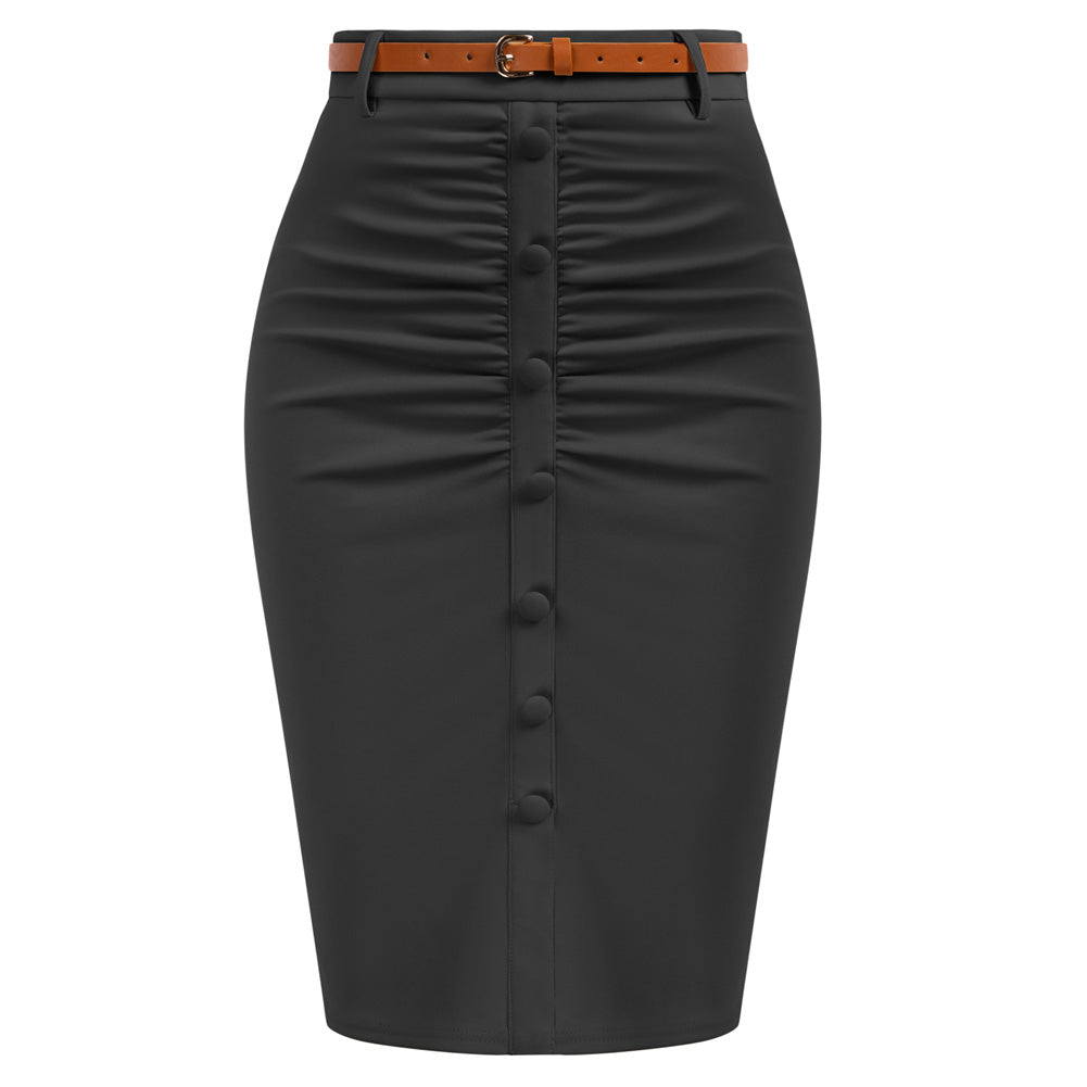 Vintage High Waist Front Slit Knee Length Ruched Pencil Skirt with Belt
