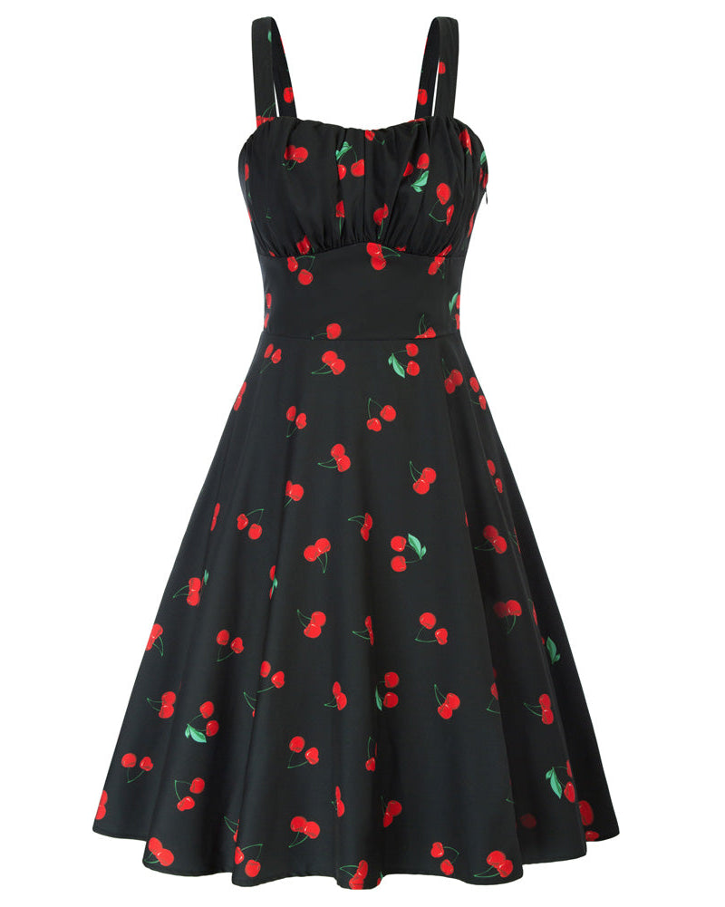 Vintage Cherry Printed Two-Way Defined Waist Dress