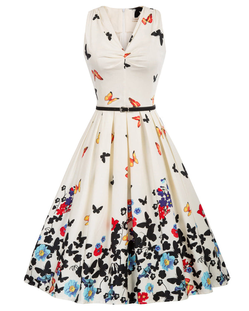 1950s Vintage Butterfly Printed Sleeveless V-Neck Flared A-Line Dress